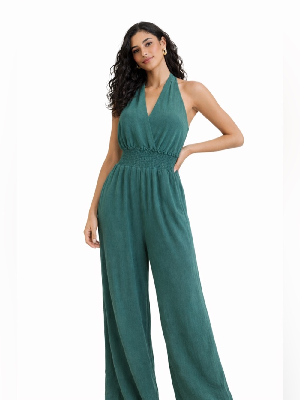 Anthropologie Halter Jumpsuit XS Green Wide Leg Smocked Waist Boho
